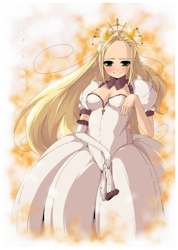 yamazaki kazu, original, translated, 1girl, blonde hair, blush, choker, dress, elbow gloves, female focus, frills, gloves, gown, green eyes, hair ornament, long hair, princess, smile, solo, standing, very long hair
