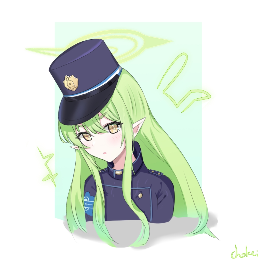 chokei, hikari (blue archive), blue archive, 1girl, :o, blush, elf, green hair, hair between eyes, halo, hat, head tilt, long hair, looking at viewer, open mouth, pointy ears, sidelocks, simple background, solo, yellow eyes