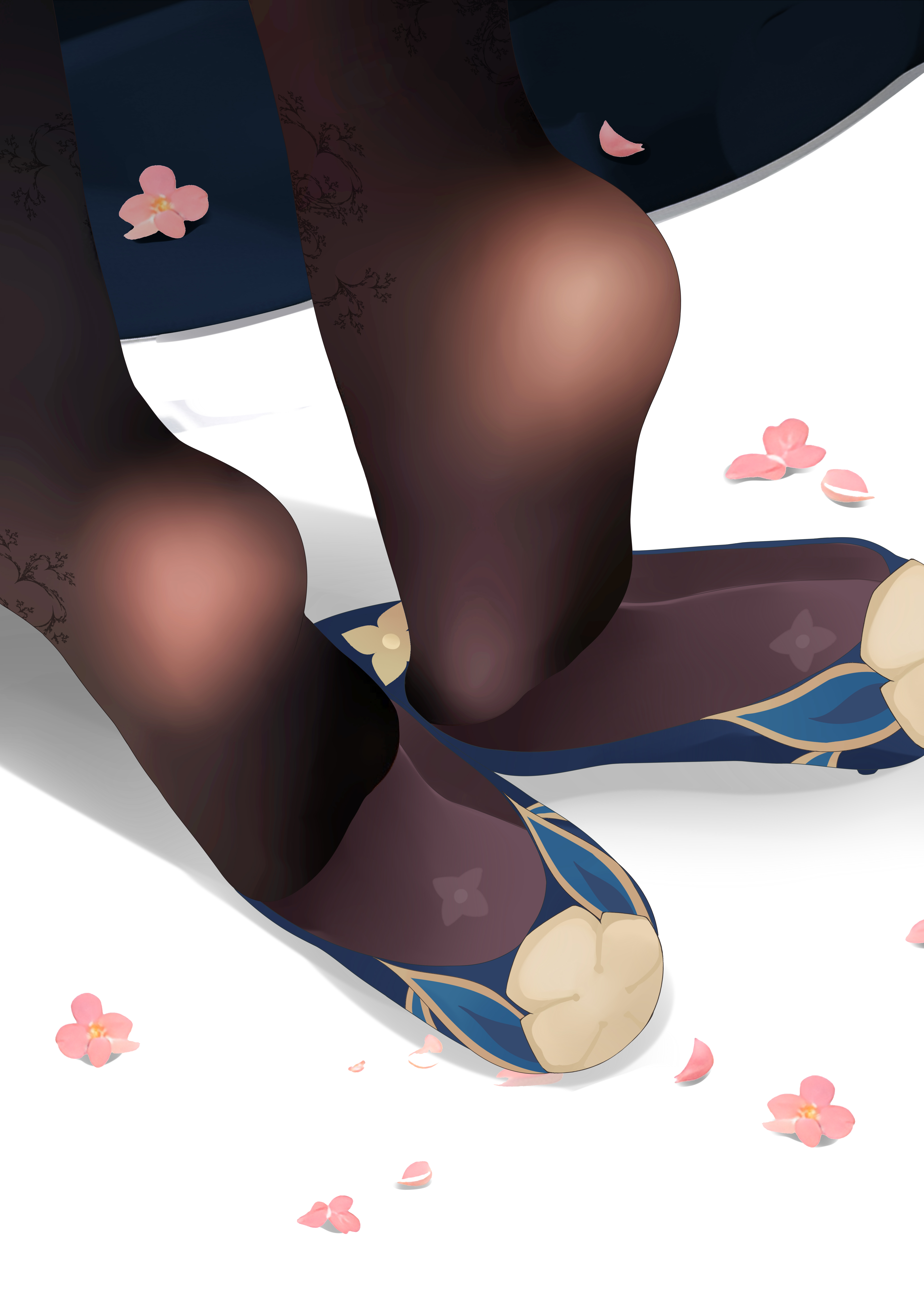 sym., ruan mei (honkai: star rail), blue footwear, absurdres, highres, 1girl, black pantyhose, close-up, feet, flower, foot focus, high heels, lower body, no shoes, pantyhose, petals, pink flower, shadow, shoes, simple background, soles, solo, toes, unworn shoes, white background