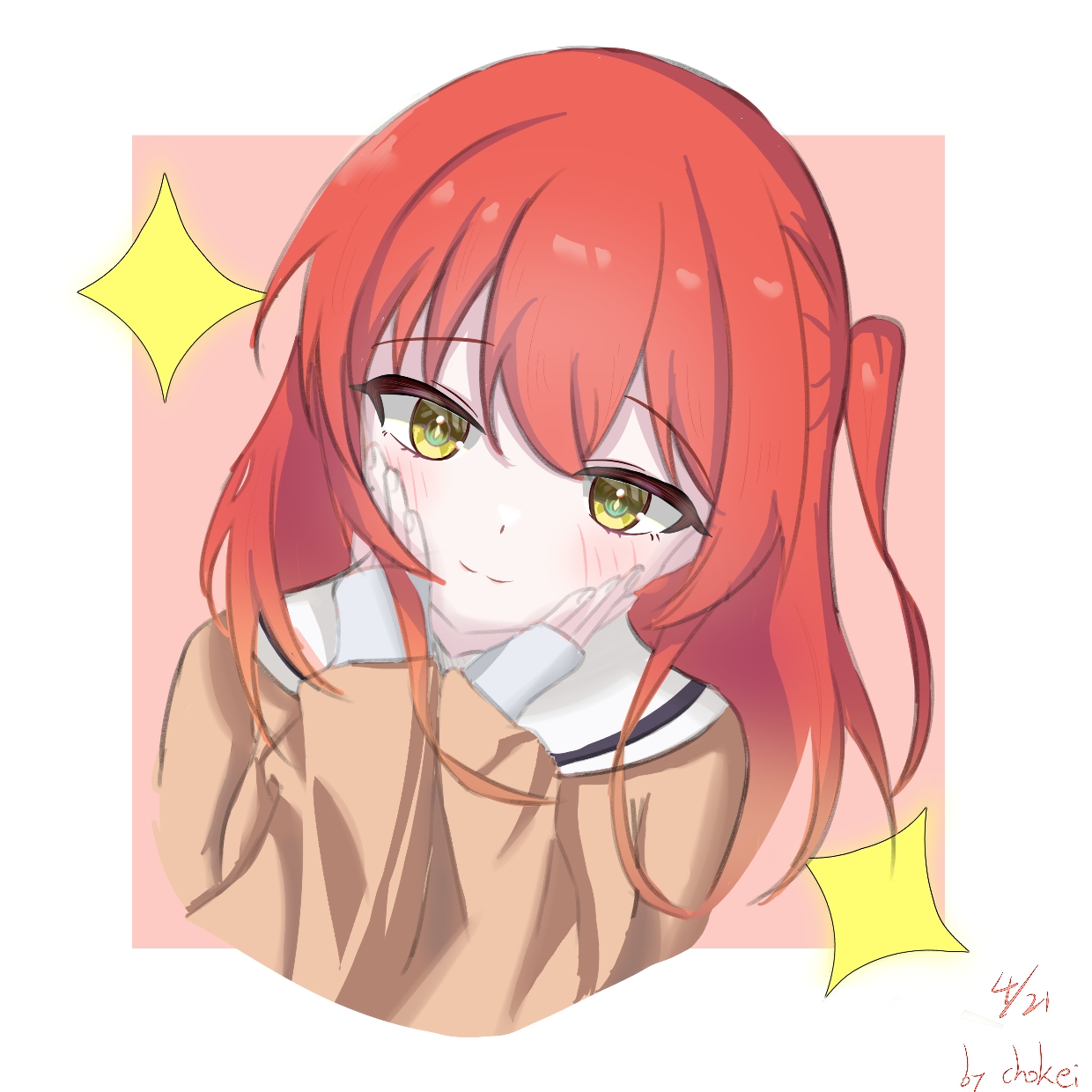 chokei, kita ikuyo, bocchi the rock!, highres, 1girl, :3, blush, green eyes, hair between eyes, hands on own cheeks, hands on own face, hands up, long sleeves, red hair, school uniform, side ponytail, simple background, smile, solo, star (symbol), white background