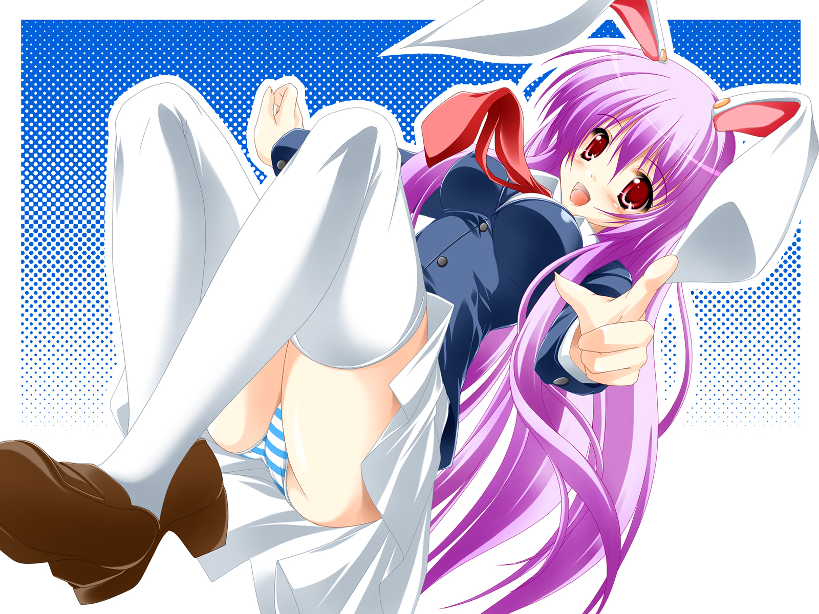 kamiya tomoe, reisen udongein inaba, touhou, highres, 1girl, animal ears, female focus, long hair, necktie, open mouth, panties, purple hair, rabbit ears, red eyes, red necktie, skirt, solo, striped clothes, striped panties, thighhighs, underwear, upskirt