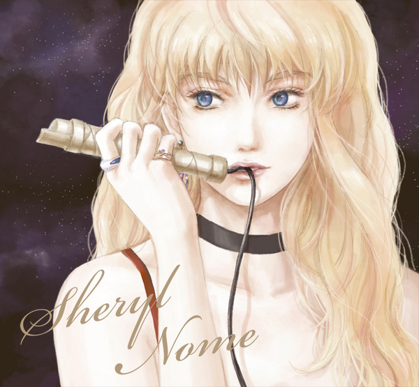 sheryl nome, macross, macross frontier, 00s, 1girl, blonde hair, blue eyes, cable, female focus, jewelry, microphone, mouth hold, night, night sky, ring, sky, solo, star (symbol)