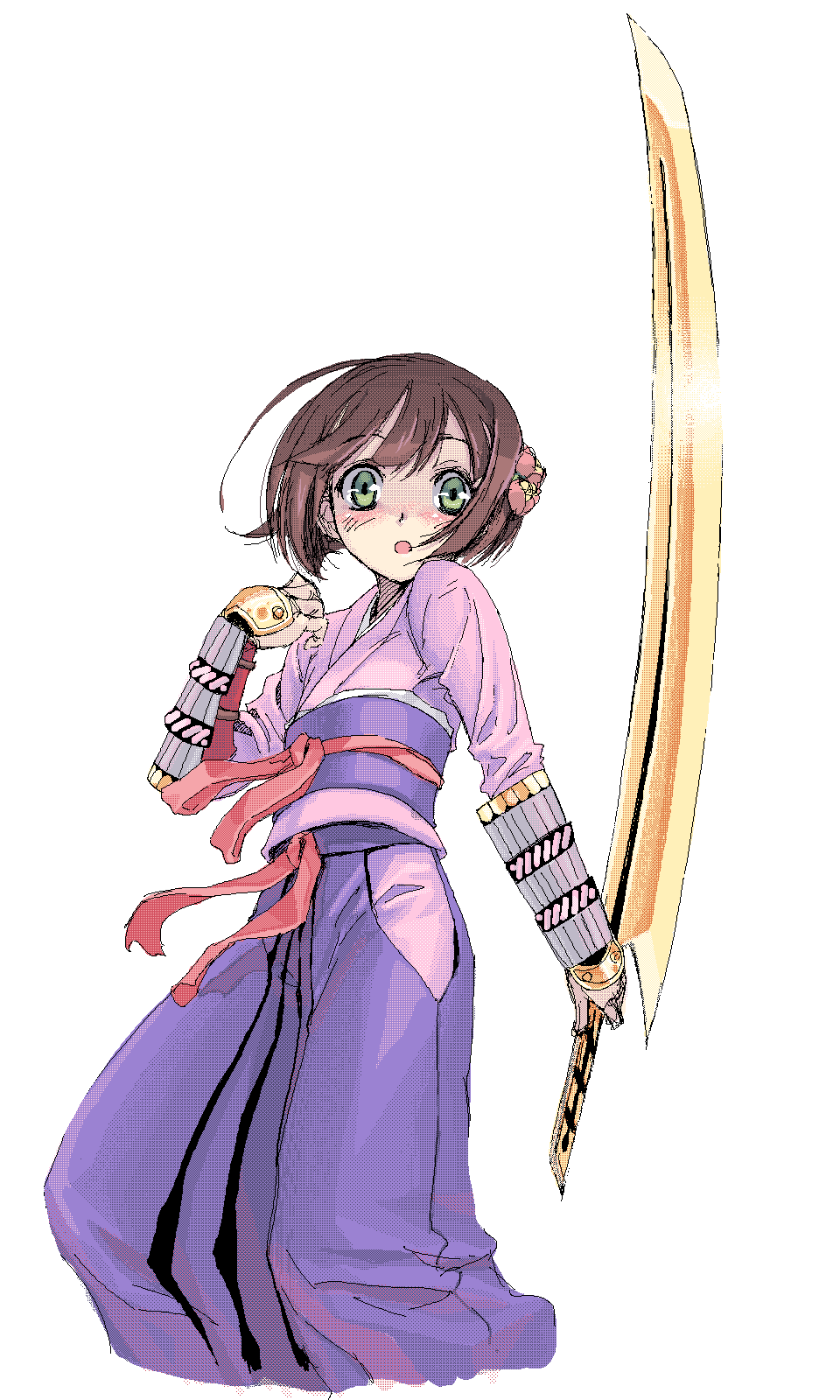satou atsuki, bushidou (sekaiju), bushidou 4 (sekaiju), atlus, etrian odyssey, highres, 1girl, blush, brown hair, clothing cutout, female focus, gloves, green eyes, hakama, hakama skirt, hip vent, japanese clothes, kimono, short hair, skirt, solo, sword, weapon