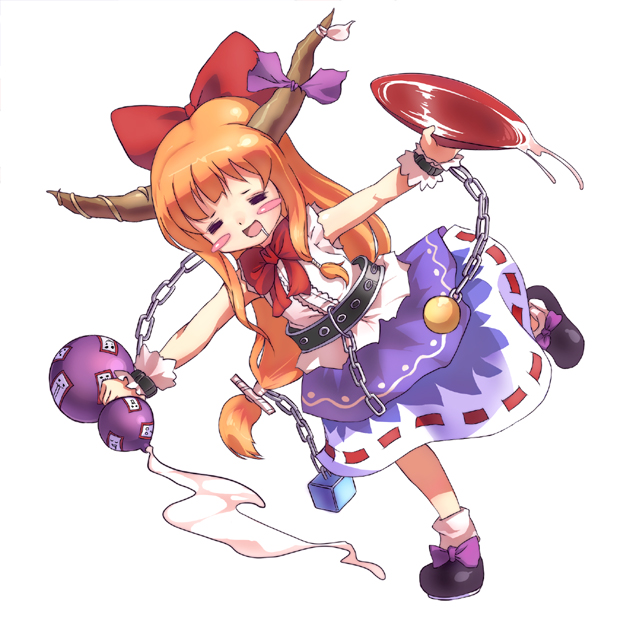 monk (syugyousou), ibuki suika, touhou, bad id, bad pixiv id, 1girl, = =, alcohol, blush stickers, chain, cup, drooling, drunk, female focus, hair ribbon, horns, long hair, oni, orange hair, ribbon, sakazuki, sake, solo, standing, standing on one leg