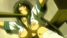 kan'u unchou, ikkitousen, animated, animated gif, anime screenshot, lowres, 00s, 1girl, bdsm, bondage, bound, breasts, cameltoe, female focus, large breasts, nipples, no bra, panties, ryona, solo, spread legs, torn clothes, torture, underwear