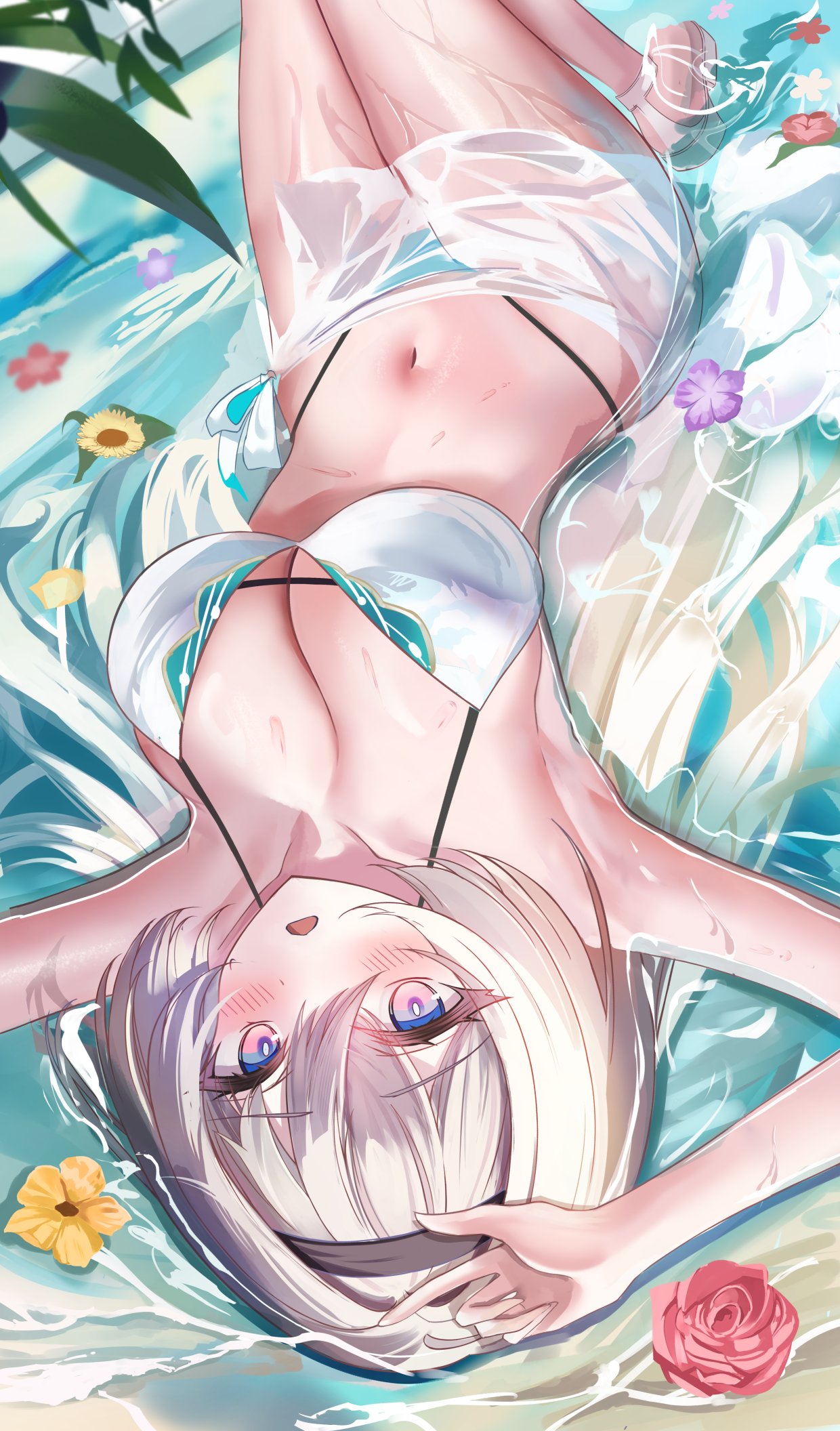 mimori (mimorin 4860), firefly (honkai: star rail), honkai: star rail, honkai (series), highres, 1girl, belly, bikini, black hairband, breasts, cleavage, flower, grey hair, hair between eyes, hair intakes, hairband, large breasts, long hair, multicolored hair, navel, plant, solo, string bikini, swimsuit, upside-down, water, wet, white bikini