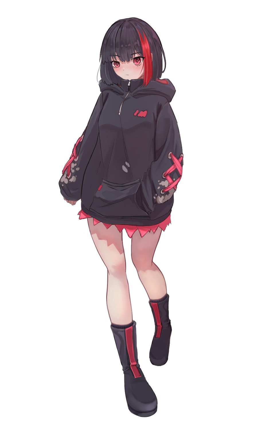 sunnysalt 08, mitake ran, bang dream!, commentary request, highres, 1girl, black boots, black hair, black hoodie, black socks, boots, breasts, closed mouth, full body, hand in pocket, hood, hood down, hoodie, long sleeves, medium breasts, purple eyes, red streaks, short hair, simple background, sleeves past wrists, socks, solo, white background