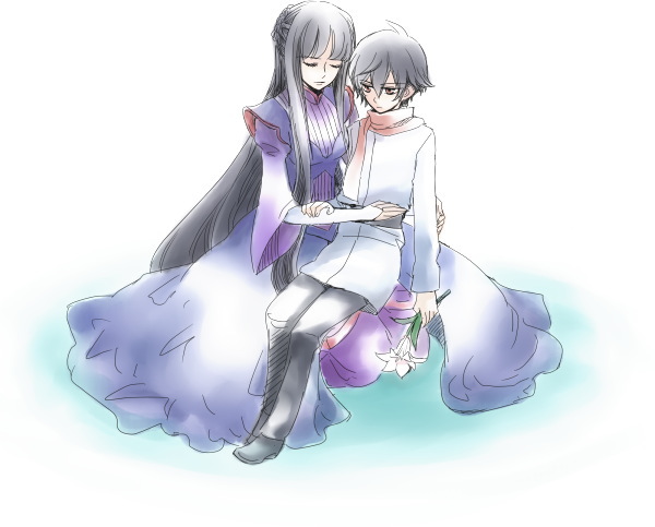 marina ismail, setsuna f. seiei, gundam, gundam 00, 00s, 1boy, 1girl, flower, lily (flower), long hair, very long hair