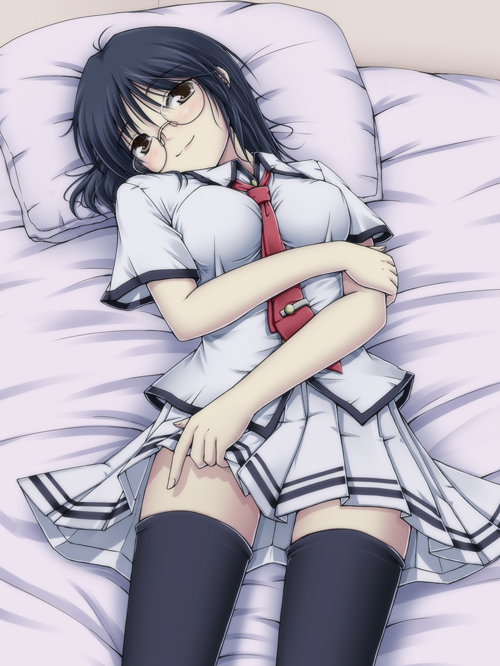 meso (gjmeso), meso (pixiv35947), bad id, bad pixiv id, bed, black eyes, black hair, blush, glasses, lying, necktie, school uniform, serafuku, short hair, solo, thighhighs, zettai ryouiki