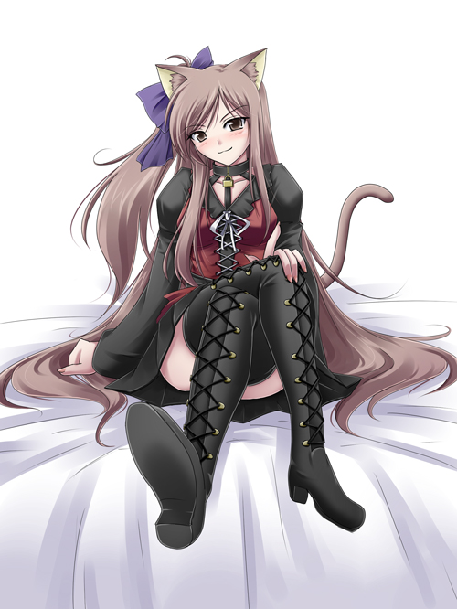 meso (gjmeso), meso (pixiv35947), bad id, bad pixiv id, animal ears, bed, blush, boots, brown eyes, brown hair, cat ears, cat tail, choker, crossed legs, goth fashion, long hair, ribbon, sitting, solo, tail, thigh boots, thighhighs, very long hair
