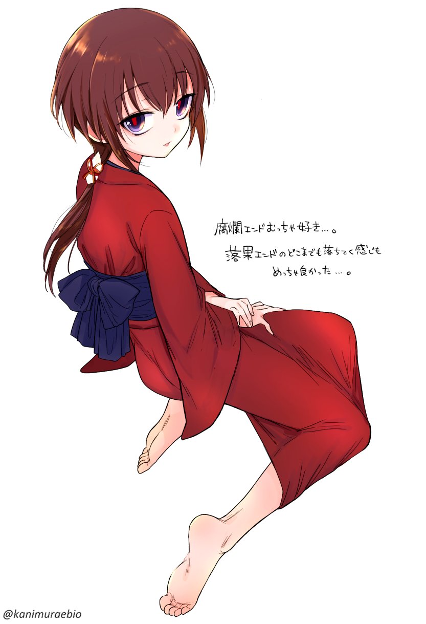 kanimura ebio, kurame, kusari hime: euthanasia, highres, translation request, 1girl, barefoot, brown hair, flat chest, full body, japanese clothes, kimono, looking at viewer, low ponytail, ponytail, purple eyes, red kimono, red pupils, solo