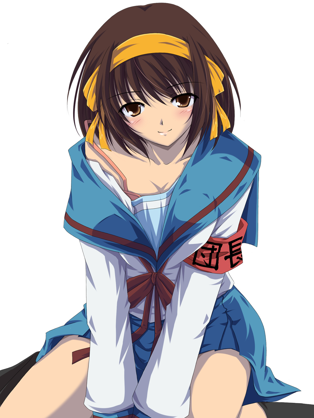 meso (gjmeso), meso (pixiv35947), suzumiya haruhi, suzumiya haruhi no yuuutsu, bad id, bad pixiv id, highres, 00s, 1girl, armband, breasts, brown eyes, brown hair, cleavage, female focus, hairband, kneehighs, medium breasts, school uniform, serafuku, short hair, sitting, socks, solo
