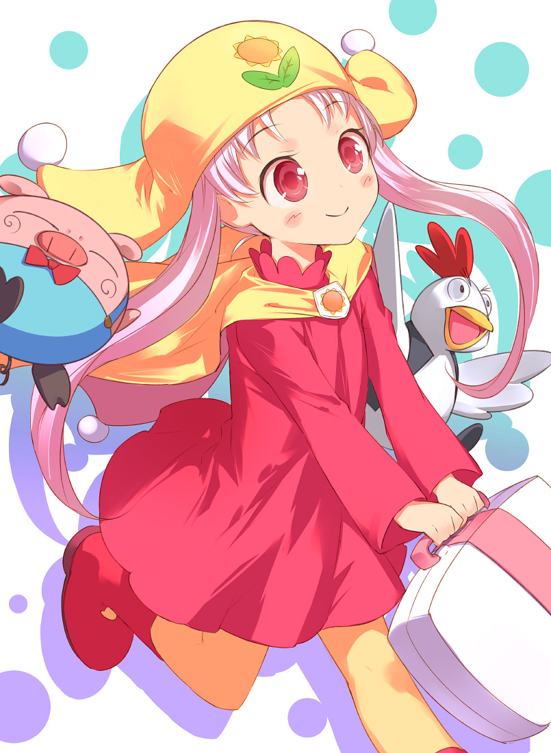 uni (plastic girl), araessa, princess silver, sutonsuton, yume no crayon oukoku, 1990s (style), bird, blush, cape, chicken, dress, hat, long hair, pantyhose, pig, pink hair, red eyes, retro artstyle, suitcase, twintails