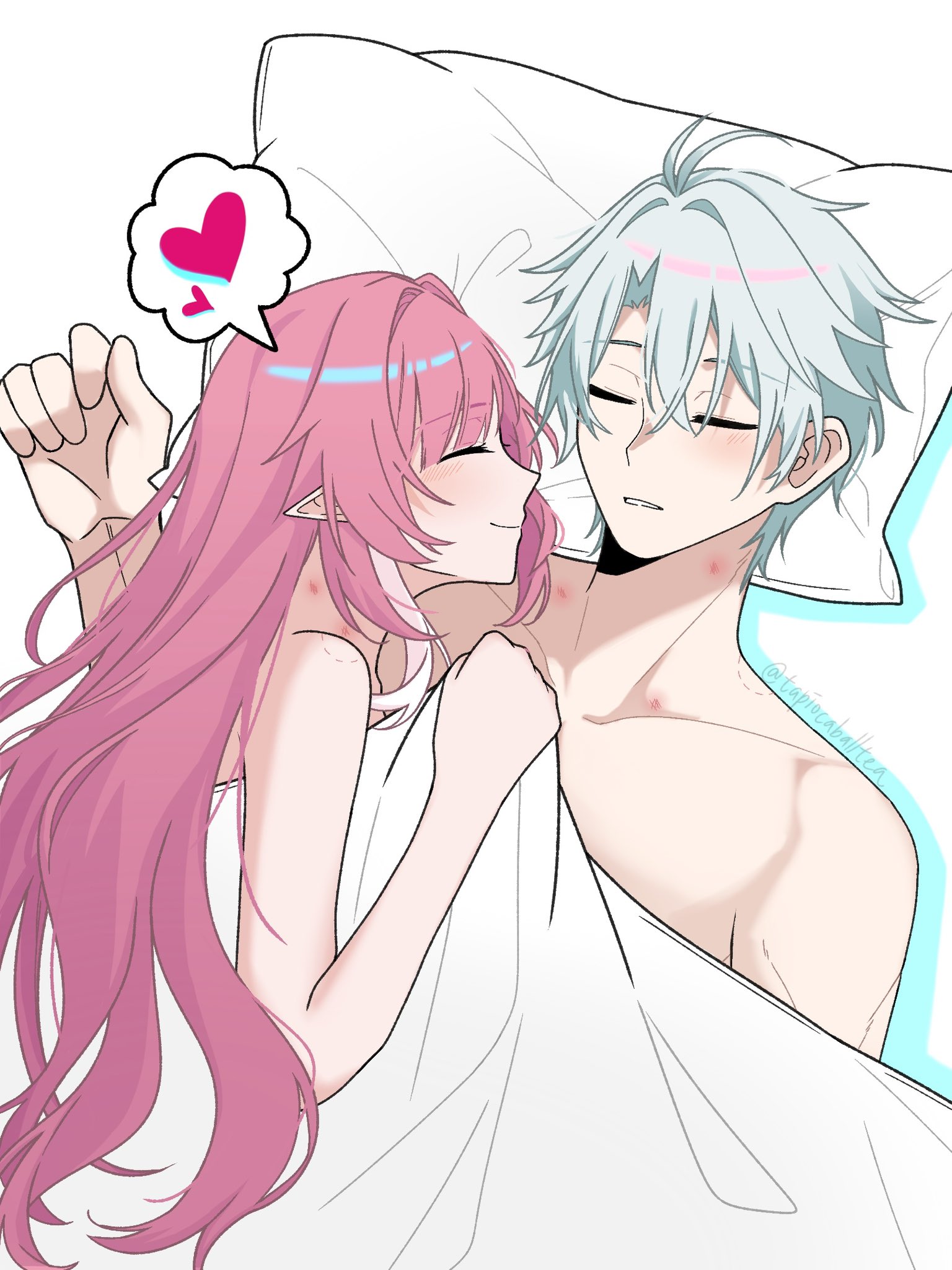 tapiocaballtea, cyrene (honkai: star rail), cyrene (ripples of past reverie) (honkai: star rail), phainon (honkai: star rail), honkai: star rail, honkai (series), commentary request, highres, 1boy, 1girl, bite mark, bite mark on neck, bite mark on shoulder, couple, heart, hetero, hickey, long hair, on bed, pillow, pink hair, pointy ears, short hair, spoken heart, topless male, twitter username, under covers, very long hair, white hair