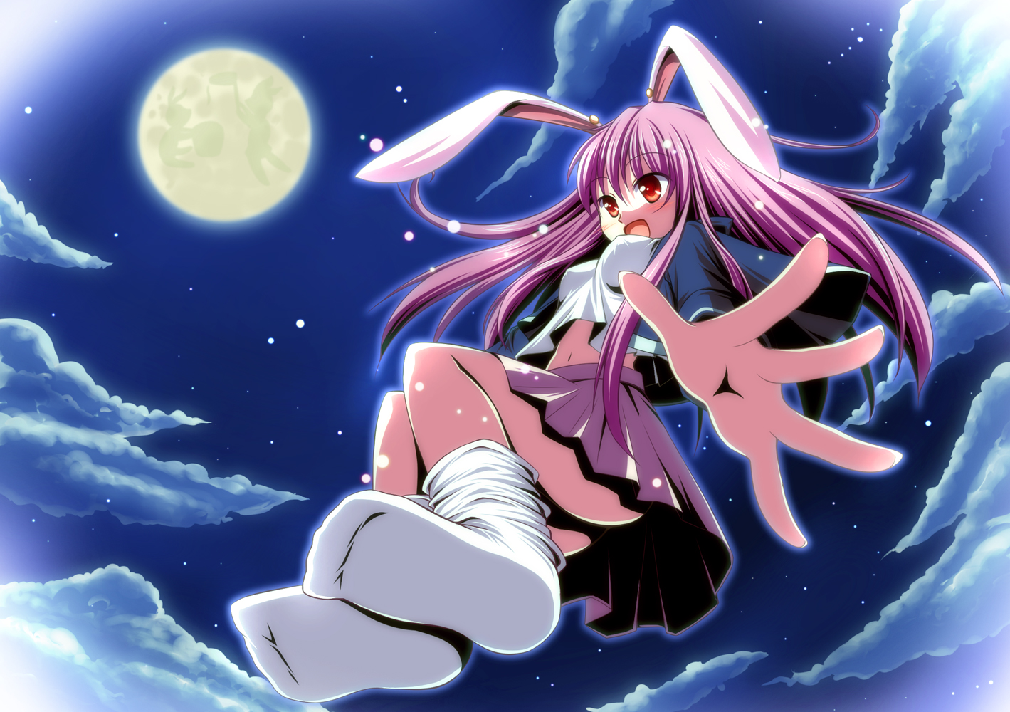 dagu, reisen udongein inaba, touhou, bad id, bad pixiv id, 1girl, animal ears, ass, breasts, female focus, flying, full body, full moon, gradient background, long hair, midriff, moon, night, outdoors, purple hair, rabbit ears, skirt, sky, solo