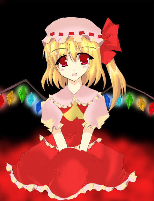 suzune kanon, flandre scarlet, touhou, 1girl, bad anatomy, blonde hair, female focus, hat, mob cap, ponytail, poorly drawn, red eyes, ribbon, short hair, smile, solo, wings