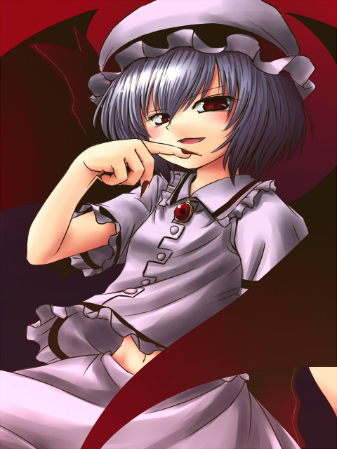 kakkou, remilia scarlet, touhou, bad id, bad pixiv id, 1girl, blue hair, female focus, gradient background, hat, midriff, navel, ribbon, short hair, skirt, solo, wings