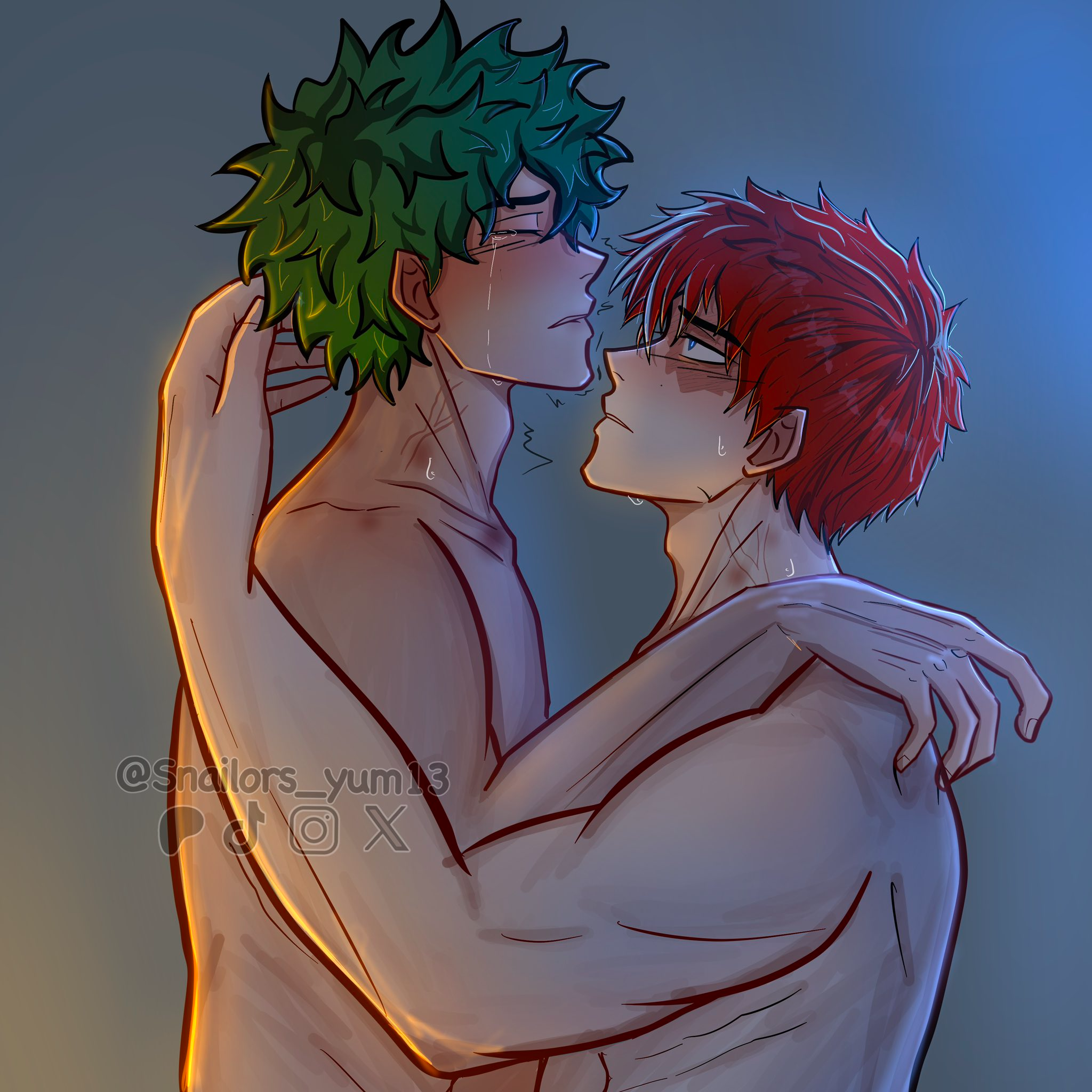 midoriya izuku, todoroki shoto, boku no hero academia, bones (company), shounen jump, abs, anal, comforting, completely nude, crying, curly hair, freckles, green hair, messy hair, multicolored hair, nude, pectorals, red hair, scar, sex, snailors yum13, tears, tododeku, two-tone hair, white hair, yaoi