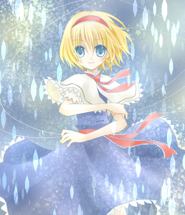 hoshino ai (nature3111), alice margatroid, touhou, bad id, bad pixiv id, 1girl, blonde hair, blue eyes, female focus, ribbon, short hair, solo, standing