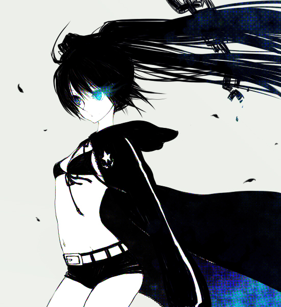 egawa satsuki, black rock shooter (character), hatsune miku, black rock shooter, vocaloid, 10s, 1girl, belt, black hair, blacku00e2u02dcu2026rock shooter, blue eyes, coat, female focus, long hair, midriff, monochrome, pale skin, shorts, solo, spot color, star (symbol), twintails