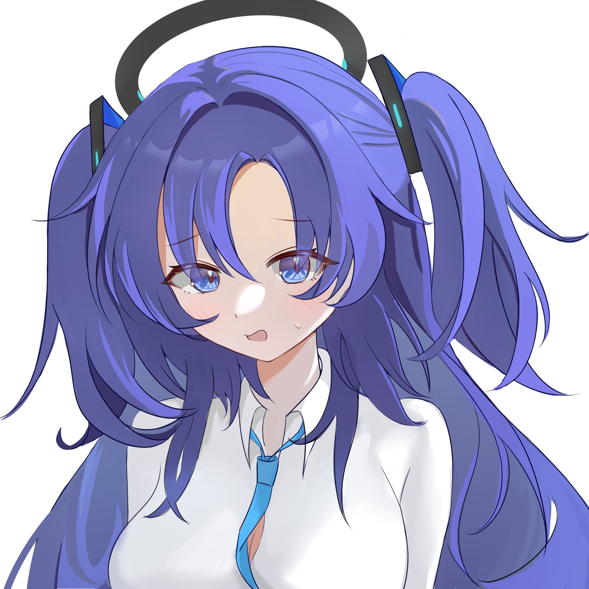 chokei, yuuka (blue archive), blue archive, highres, 1girl, asymmetrical bangs, blush, breasts, cleavage, hair tie, halo, long hair, looking at viewer, mechanical halo, necktie, open mouth, purple eyes, purple hair, shirt, simple background, solo, sweatdrop, twintails, white background, white shirt