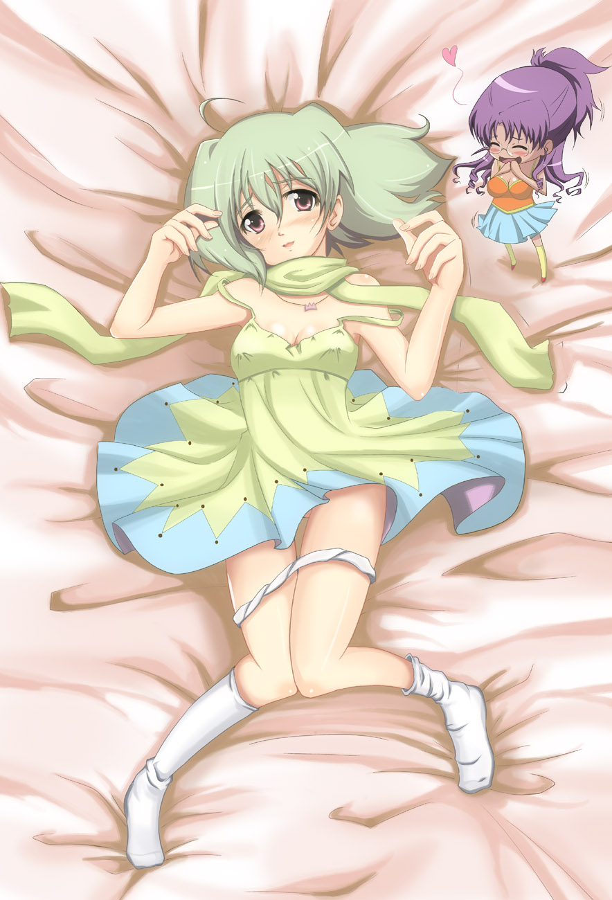 yotsuha (little squash), matsuura nanase, ranka lee, macross, macross frontier, bad id, bad pixiv id, highres, 00s, 2girls, ahoge, bed, blush, breasts, cleavage, dress, glasses, green hair, jewelry, long hair, lying, multiple girls, necklace, panties, panty pull, purple eyes, purple hair, scarf, skirt, small breasts, socks, underwear