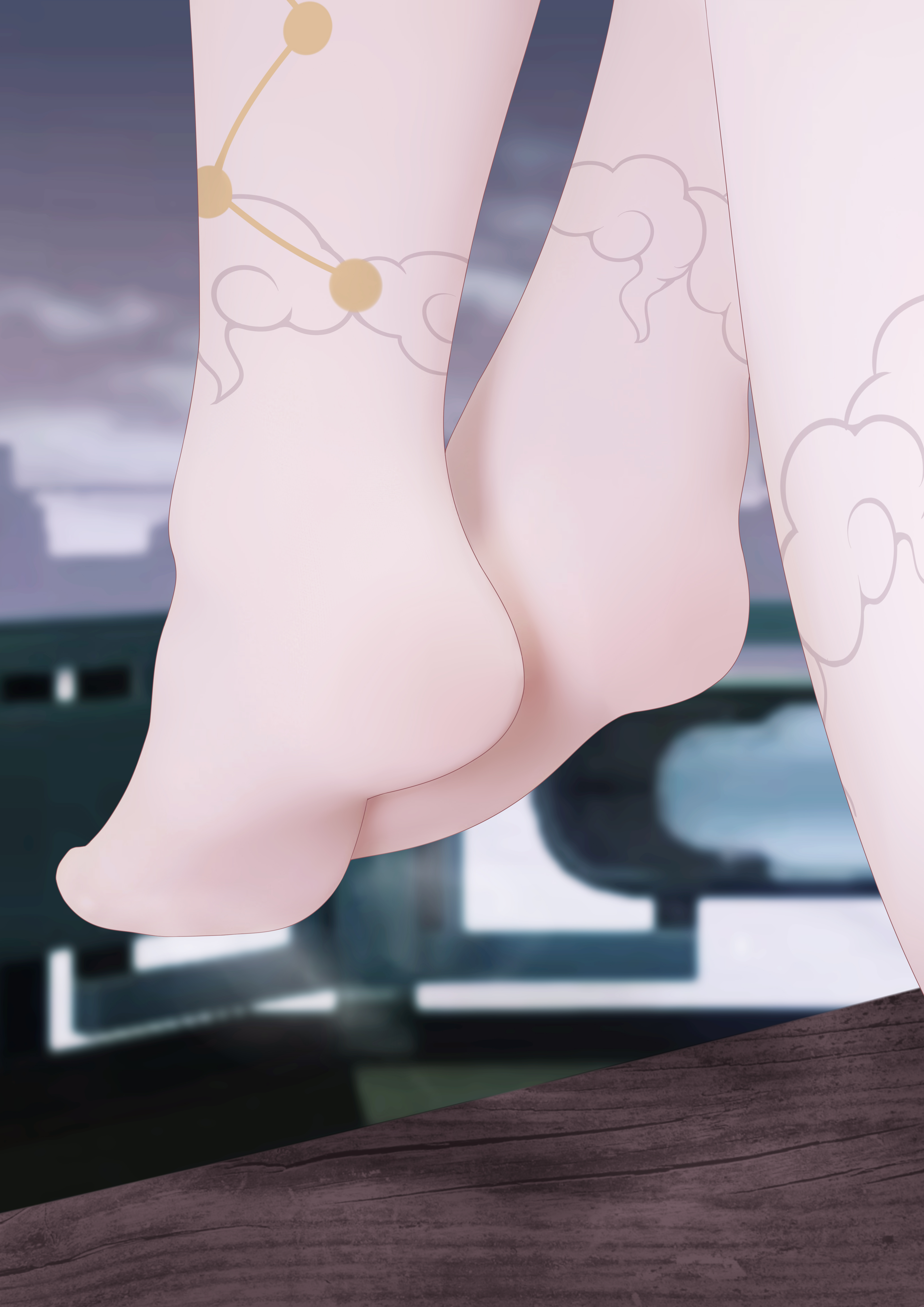 sym., highres, 1girl, blurry, blurry background, close-up, cloud, depth of field, feet, foot focus, lower body, no shoes, out of frame, outdoors, pantyhose, sky, soles, solo, standing, toes, white pantyhose