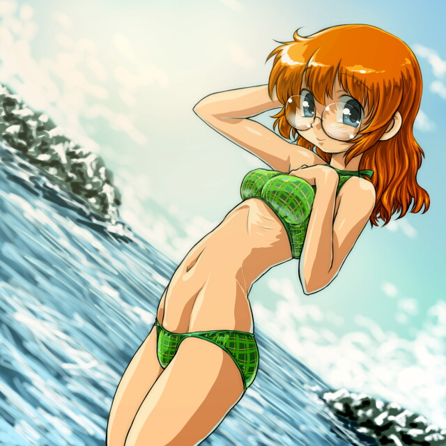 dd (ijigendd), original, bad id, bad pixiv id, bikini, blue eyes, day, glasses, green bikini, long hair, midriff, navel, ocean, orange hair, ribs, solo, swimsuit, water