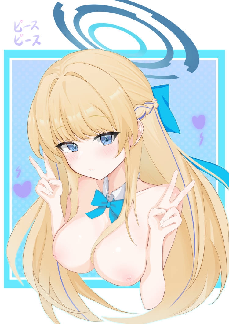 chokei, toki (blue archive), blue archive, 1girl, :<, blonde hair, blue eyes, blunt bangs, blush, bow, bowtie, braid, breasts, collarbone, detached collar, double v, halo, hands up, head tilt, heart, large breasts, lightning bolt symbol, long hair, looking at viewer, multicolored hair, nipples, side braid, simple background, solo, streaked hair, v
