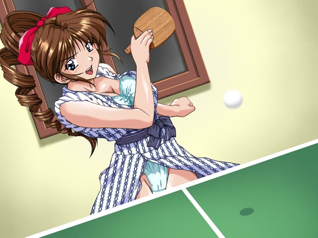 akazaki yasuma, asakura natsuki, tokimeki check in, game cg, 1girl, ball, blue eyes, blush, bow, bra, breasts, brown hair, cleavage, drill hair, female focus, hair bow, japanese clothes, kimono, lingerie, long hair, medium breasts, onsen robe, open mouth, paddle, panties, pantyshot, ponytail, robe, shadow, solo, striped clothes, striped kimono, table, table tennis, table tennis paddle, underwear, vertical-striped clothes, vertical-striped kimono, white panties, window, yukata