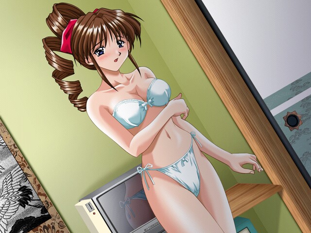 akazaki yasuma, asakura natsuki, tokimeki check in, game cg, 1girl, bare shoulders, blue eyes, blush, bow, breasts, brown hair, cleavage, drill hair, embarrassed, female focus, hair bow, long hair, midriff, navel, open mouth, panties, ponytail, reflection, side-tie panties, solo, standing, underwear, white panties