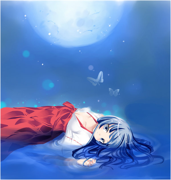 rabi-chan, furude rika, higurashi no naku koro ni, image sample, 00s, 1girl, blue eyes, blue hair, blue theme, bug, butterfly, female focus, hakama, hakama pants, insect, japanese clothes, long hair, looking at viewer, lying, matching hair/eyes, miko, moon, pants, red hakama, red pants, solo, water