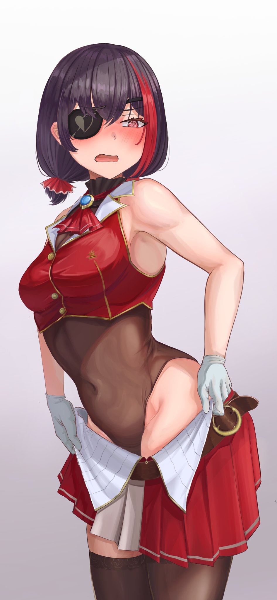 sunnysalt 08, houshou marine, houshou marine (1st costume), mitake ran, bang dream!, hololive, commentary request, highres, 1girl, @ @, ascot, belt, black hair, black leotard, black thighhighs, blue brooch, blush, breasts, brown belt, cosplay, covered navel, eyepatch, gloves, houshou marine (cosplay), leotard, low twintails, medium breasts, open mouth, red ascot, red eyes, red skirt, red streaks, simple background, skirt, sleeveless, solo, thighhighs, twintails, white background, white gloves
