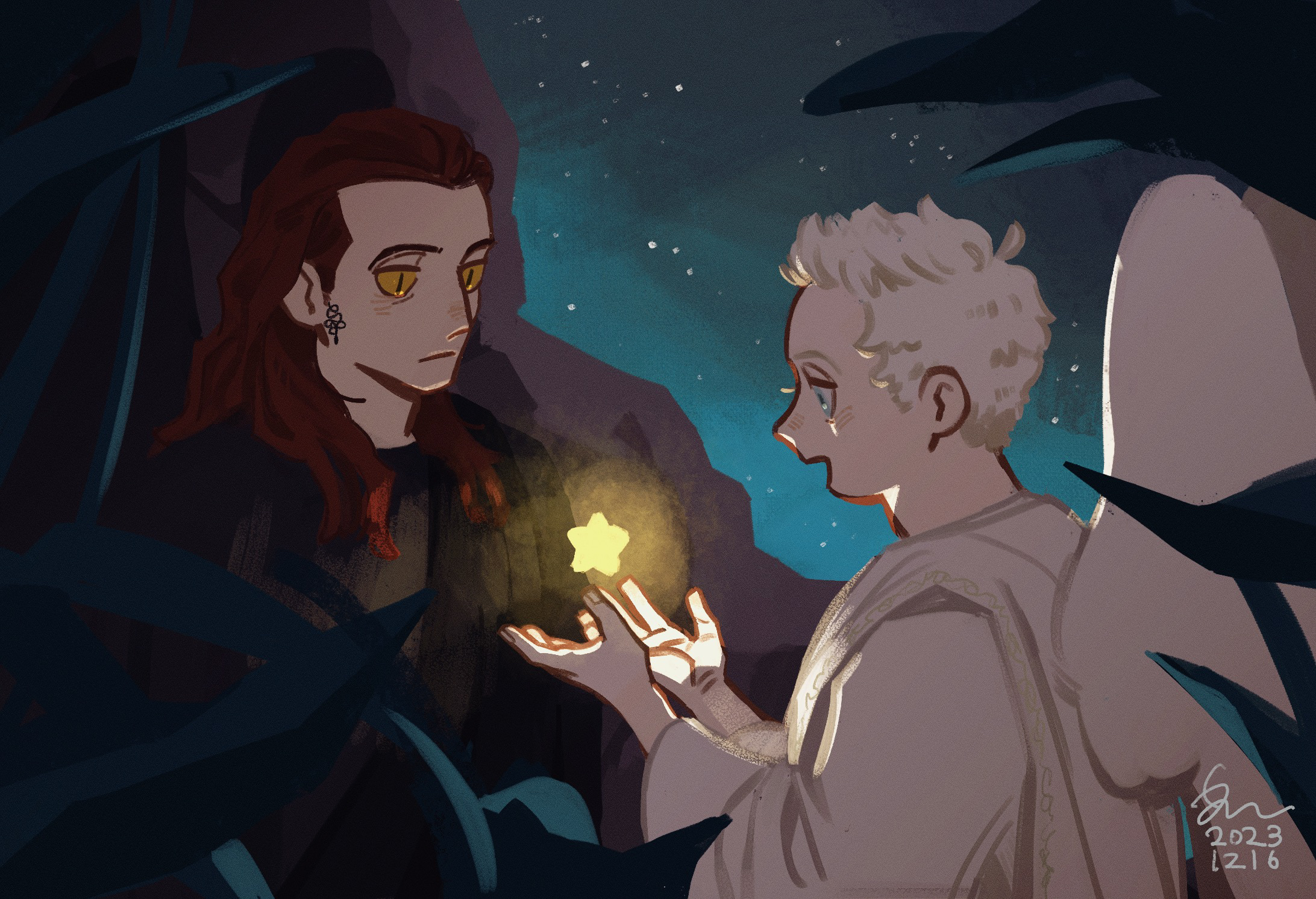 erm nkcn, aziraphale (good omens), crowley (good omens), good omens, highres, 2boys, angel and devil, black robe, closed mouth, glowing, grey eyes, looking at another, male focus, multiple boys, open mouth, red hair, robe, short hair, slit pupils, star (sky), star (symbol), white hair, white robe, white wings, wings