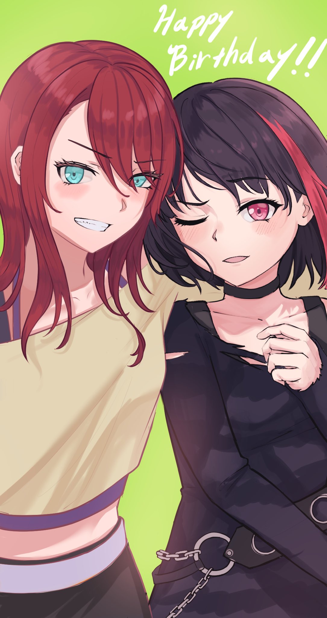 sunnysalt 08, mitake ran, udagawa tomoe, bang dream!, commentary request, highres, 2girls, black choker, black hair, black shirt, blush, brown shirt, choker, clenched teeth, green background, hair between eyes, hand up, happy birthday, long hair, long sleeves, looking at viewer, midriff, multiple girls, one eye closed, open mouth, purple eyes, red hair, red streaks, shirt, short hair, sidelocks, simple background, smile, teeth