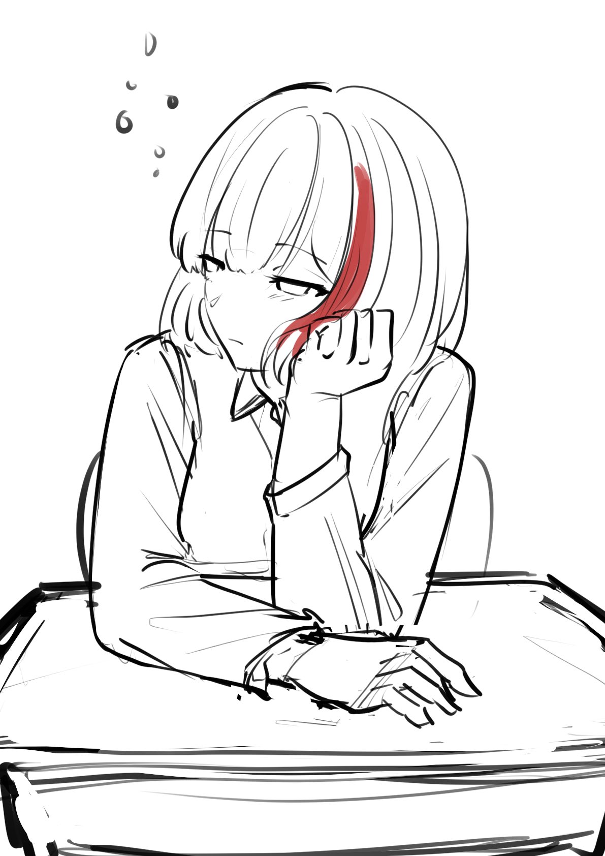sunnysalt 08, mitake ran, bang dream!, commentary request, highres, 1girl, closed mouth, long sleeves, red streaks, short hair, sitting, sketch, sleepy, solo, spot color, squeans