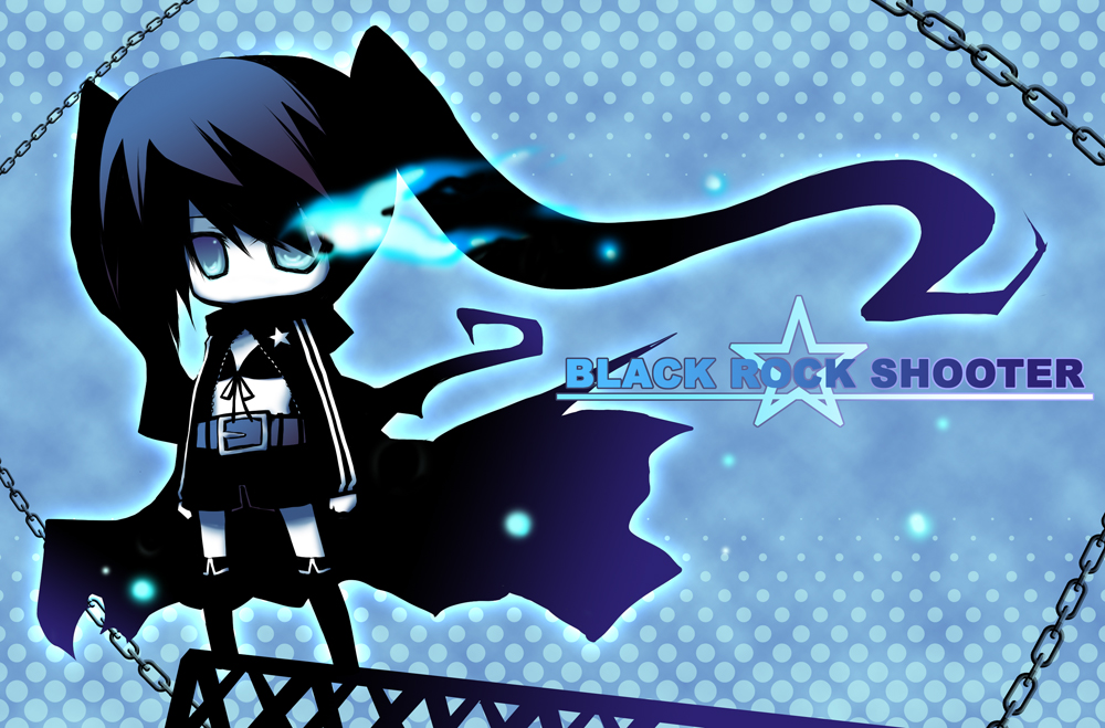 nanateru, black rock shooter (character), hatsune miku, black rock shooter, vocaloid, 10s, 1girl, black hair, blacku00e2u02dcu2026rock shooter, blue eyes, chain, chibi, female focus, full body, long hair, midriff, shorts, solo, twintails