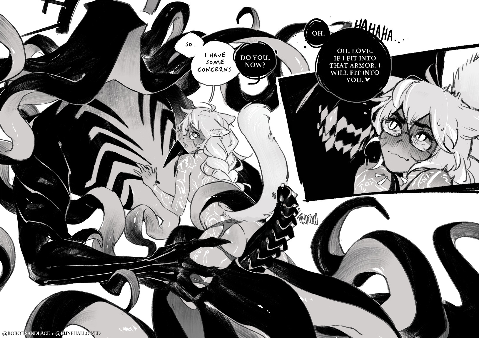 sarah stone, criticality (robots & lace), robots & lace, commentary, english commentary, highres, 1boy, 1girl, adra (robots & lace), animal ears, ass, blush, cat ears, cat girl, cat tail, closed mouth, dark-skinned female, dark skin, english text, erection, facial mark, full-body tattoo, glasses, glowing, glowing tattoo, greyscale, grinding, heart, hetero, holding another's leg, monochrome, monster, pantyhose, penis, precum, round eyewear, sharp teeth, simple background, size difference, skindentation, slit pupils, speech bubble, straddling, sweat, tail, talking, tattoo, teeth, tentacle hair, tentacles, torn clothes, torn pantyhose, uncensored, upright straddle, whisker markings, white background
