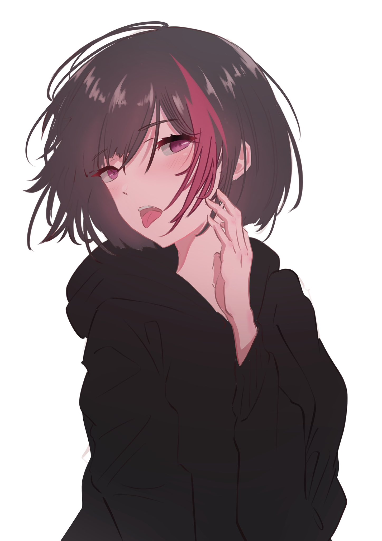 sunnysalt 08, mitake ran, bang dream!, commentary request, highres, 1girl, black hair, black hoodie, blush, hand up, hood, hood down, hoodie, long sleeves, open mouth, purple eyes, red streaks, short hair, simple background, solo, teeth, tongue, tongue out, upper body, upper teeth only, white background