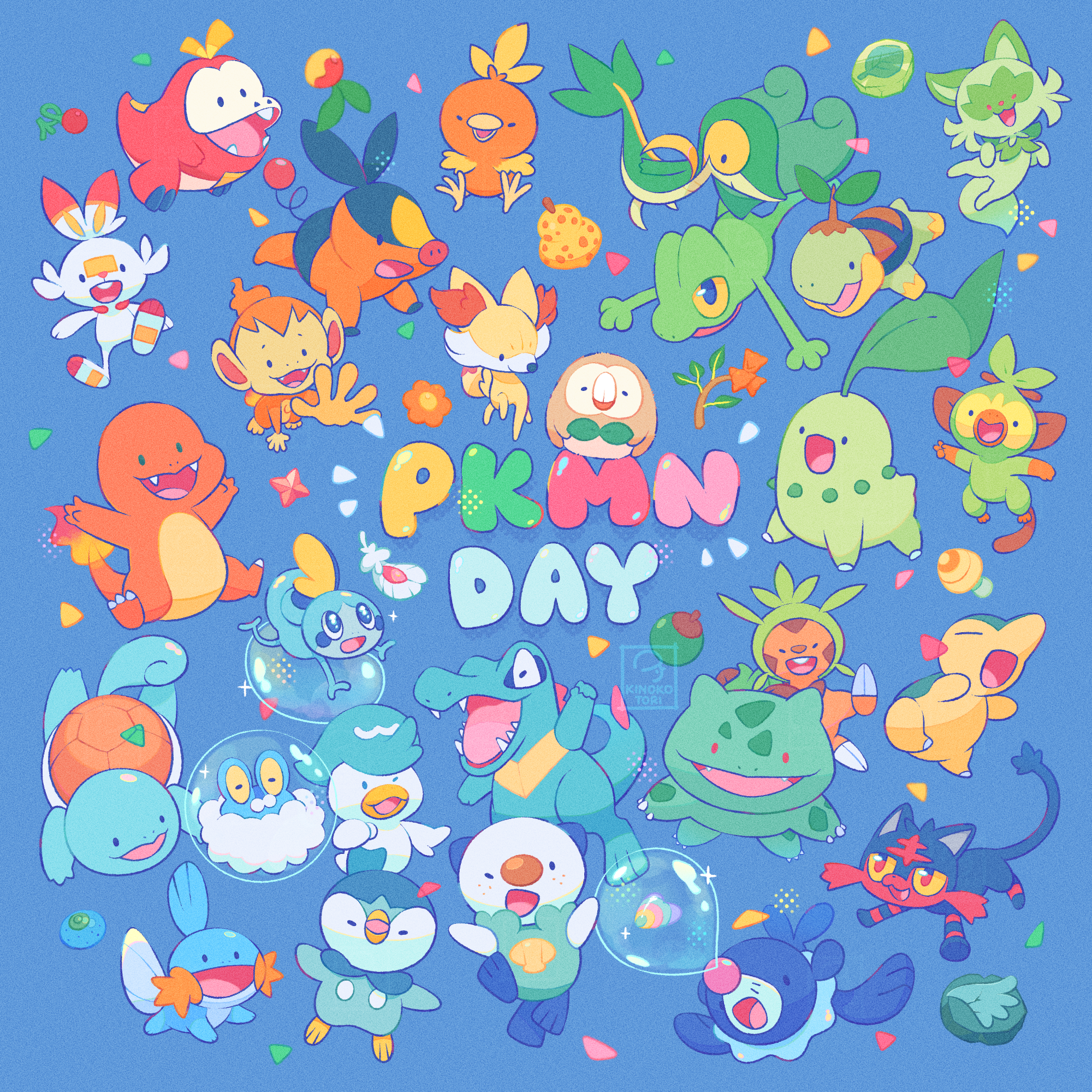 kinokorin, bulbasaur, charmander, chespin, chikorita, chimchar, cyndaquil, fennekin, froakie, fuecoco, grookey, litten, mudkip, oshawott, piplup, popplio, quaxly, rowlet, scorbunny, snivy, sobble, sprigatito, squirtle, tepig, torchic, totodile, treecko, turtwig, nintendo, pokemon, commentary request, highres, mixed-language commentary, berry (pokemon), blue background, branch, bubble, cheri berry, evolution stone, evolutionary stone, feathers, fire, flame-tipped tail, gen 1 pokemon, gen 2 pokemon, gen 3 pokemon, gen 4 pokemon, gen 5 pokemon, gen 6 pokemon, gen 7 pokemon, gen 8 pokemon, happy, heart scale, leaf stone, open mouth, oran berry, pokemon (creature), pokemon day, simple background, sitrus berry, smile, solid oval eyes, starter pokemon trio, tail