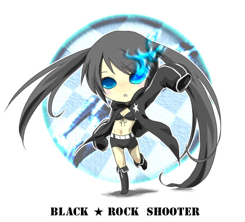 sanpati, black rock shooter (character), black rock shooter, 10s, 1girl, blackâ˜…rock shooter, black hair, blue eyes, chibi, female focus, full body, long hair, midriff, shorts, solo, twintails
