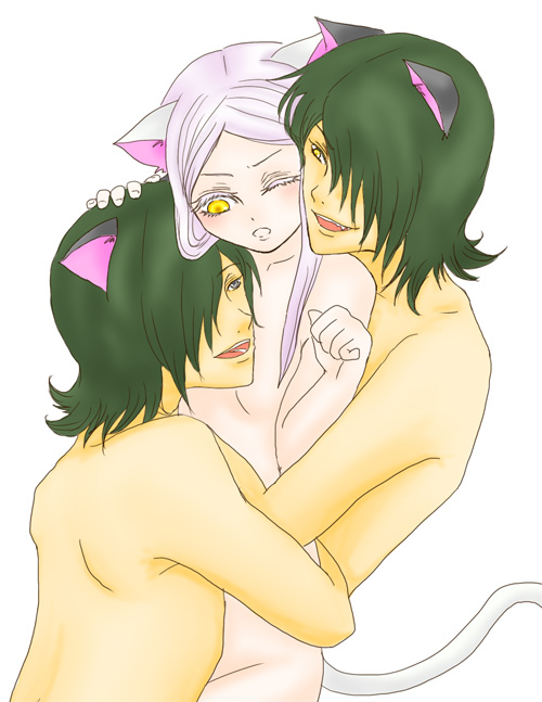 allelujah haptism, hallelujah haptism, soma peries, gundam, gundam 00, 00s, 1girl, 2boys, animal ears, blush, cat, cat ears, green hair, hug, multiple boys, nude, yellow eyes