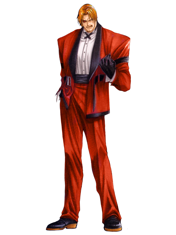 mori toshiaki, rugal bernstein, snk, the king of fighters, official art, 1boy, blonde hair, facial hair, gloves, male focus, mustache, one-eyed, solo, standing