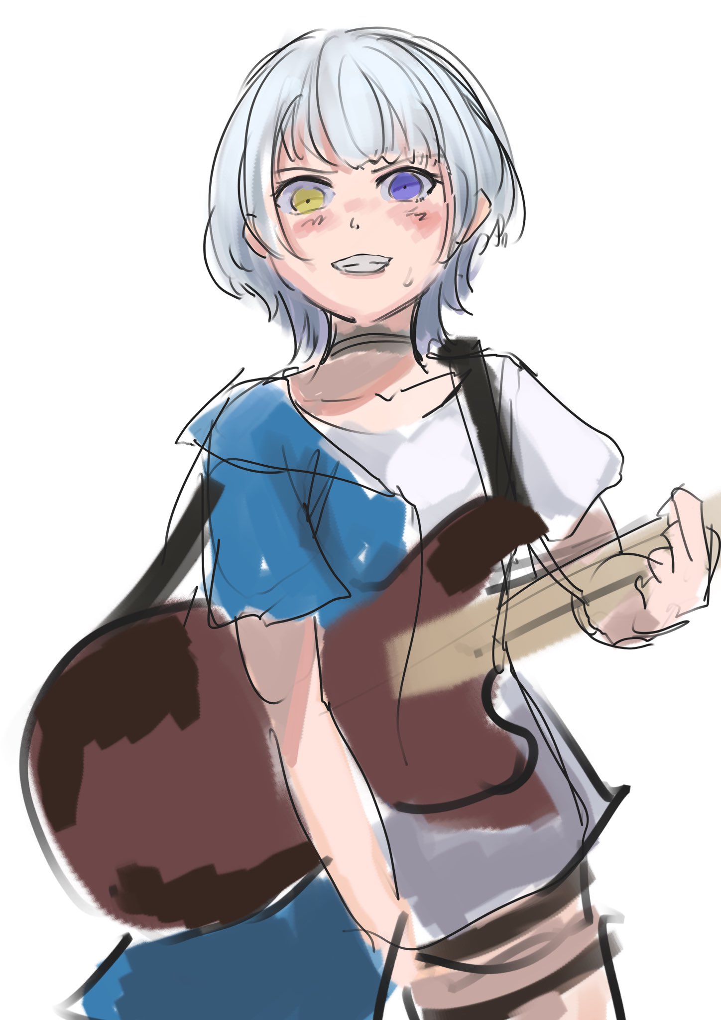sunnysalt 08, kaname raana, bang dream!, bang dream! it's mygo!!!!!, commentary request, highres, 1girl, blue eyes, blush, choker, clenched teeth, collarbone, heterochromia, shirt, short hair, simple background, sketch, solo, teeth, white background, white hair, white shirt, wolf cut, yellow eyes