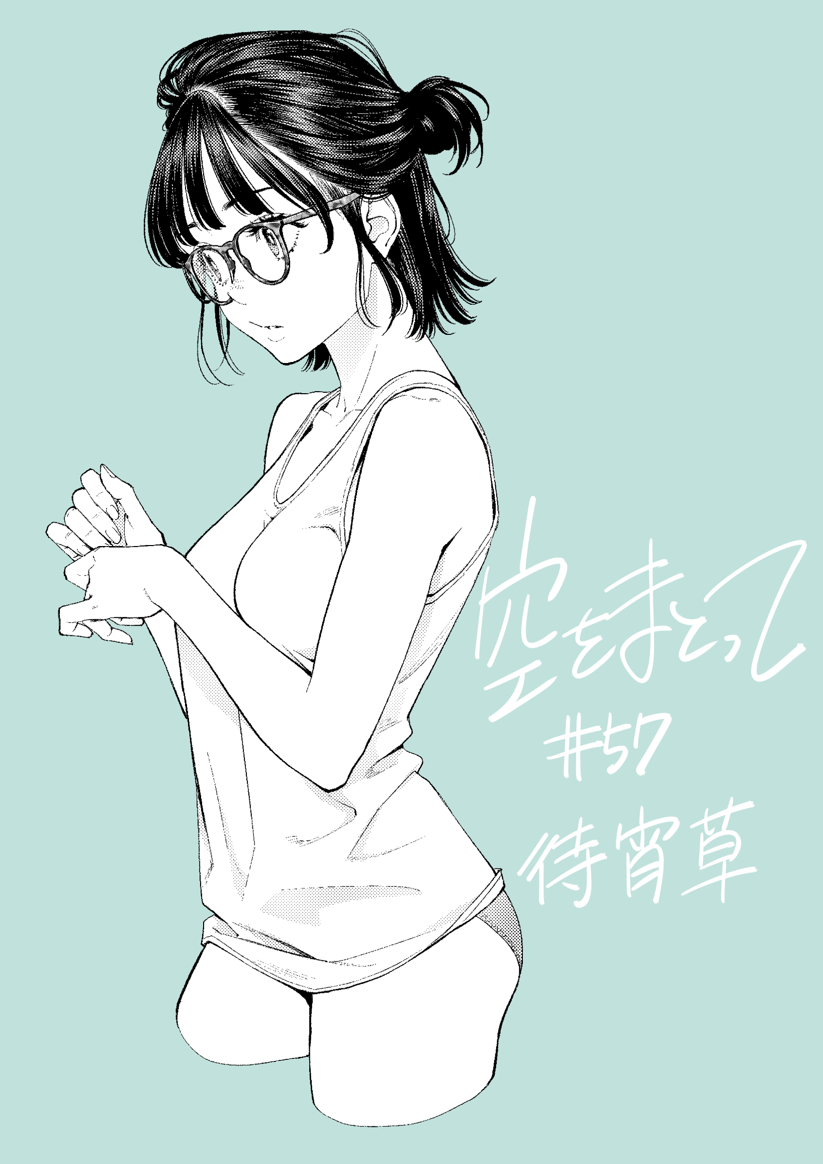 komi shin'ya, sora wo matotte, character request, highres, 1girl, aqua background, ass, bare shoulders, black hair, blunt bangs, breasts, collarbone, eyelashes, from side, glasses, greyscale, greyscale with colored background, hair bun, large breasts, monochrome, panties, parted lips, rectangular eyewear, shirt, short hair, sidelocks, simple background, single hair bun, sleeveless, solo, tank top, thighs, underwear, white shirt, white tank top