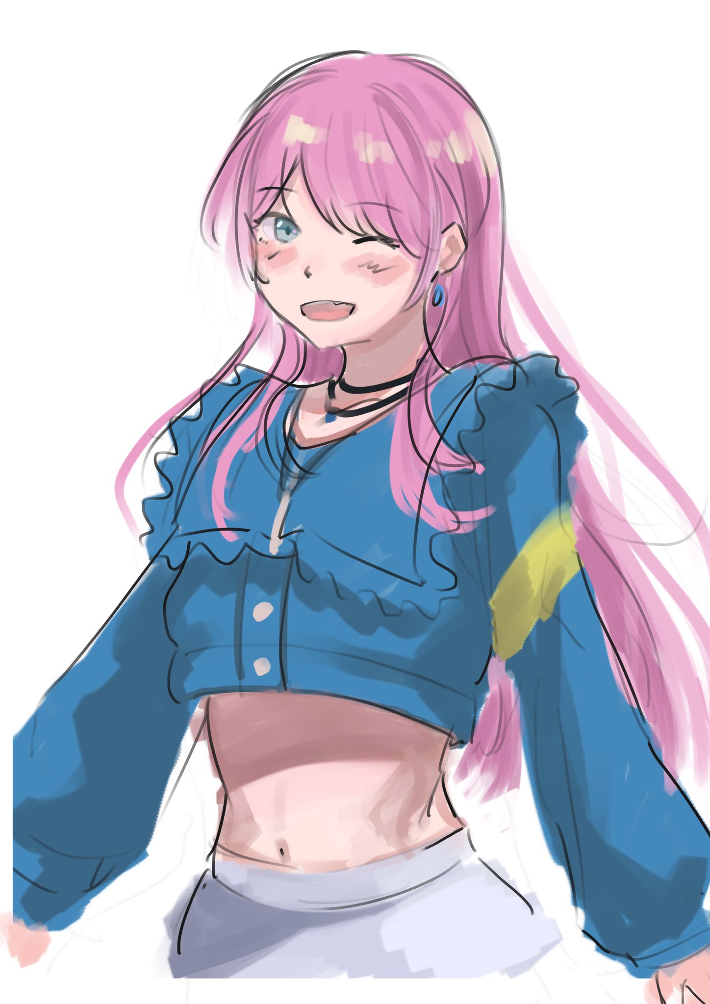 sunnysalt 08, chihaya anon, bang dream!, bang dream! it's mygo!!!!!, commentary request, highres, 1girl, black choker, blue jacket, blush, choker, earrings, fang, grey eyes, jacket, jewelry, long hair, long sleeves, midriff, navel, necklace, one eye closed, open mouth, pink hair, simple background, solo, white background