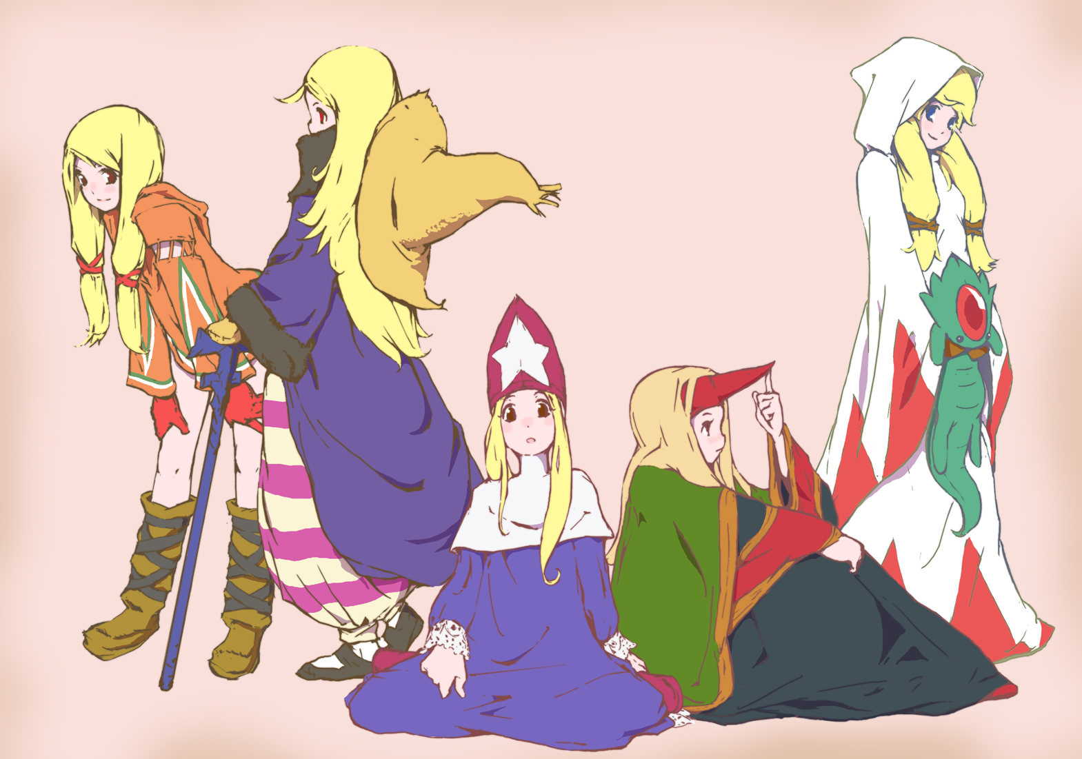 inata wataru, black mage (fft), black mage (final fantasy), carbuncle (final fantasy), geomancer (fft), summoner (fft), time mage, time mage (fft), white mage (fft), white mage (final fantasy), final fantasy, final fantasy tactics, black mage, white mage, 5girls, blonde hair, blue eyes, blush, boots, brown eyes, gloves, hair ribbon, hat, headband, hood, horns, long hair, multiple girls, red eyes, ribbon, robe, single horn, staff, stuffed animal, stuffed toy, twintails