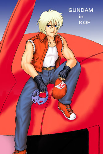 char aznable, terry bogard, fatal fury, gundam, mobile suit gundam, snk, the king of fighters, screencap, lowres, 1boy, cosplay, gradient background, hat, holding, holding unworn clothes, holding unworn hat, male focus, mask, parody, sitting, solo, terry bogard (cosplay), unworn hat, unworn headwear