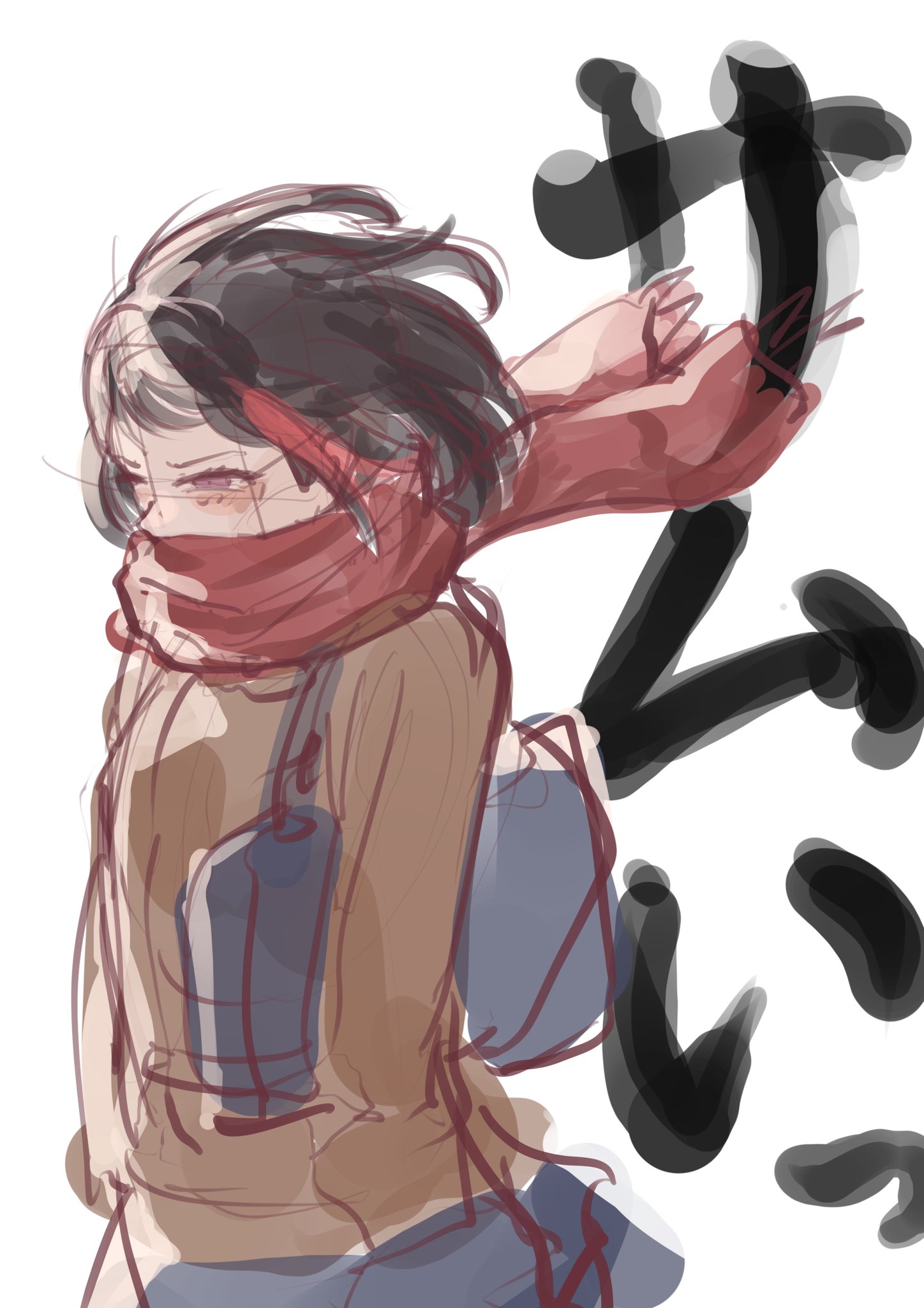 sunnysalt 08, mitake ran, bang dream!, commentary request, highres, translated, 1girl, black hair, blue bag, brown jacket, floating hair, floating scarf, jacket, purple eyes, red scarf, red streaks, scarf, short hair, simple background, sketch, solo, white background, winter clothes