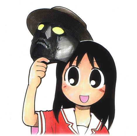 kasuga ayumu, q (street fighter), azumanga daiou, capcom, street fighter, street fighter iii (series), lowres, 1girl, black eyes, black hair, blush, fedora, female focus, hat, mask, parody, school uniform, serafuku, solo, what, white background